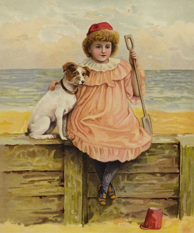 A Girl Sitting with Her Dog at the Beach by English School